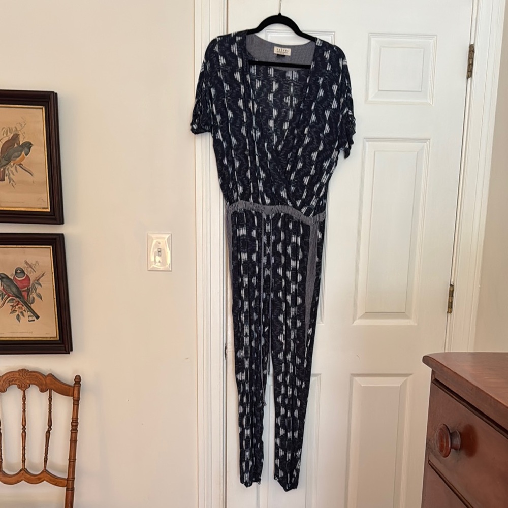 Velvet by Graham & Spencer Navy Jumpsuit with Geometric Pattern, Anthropologie